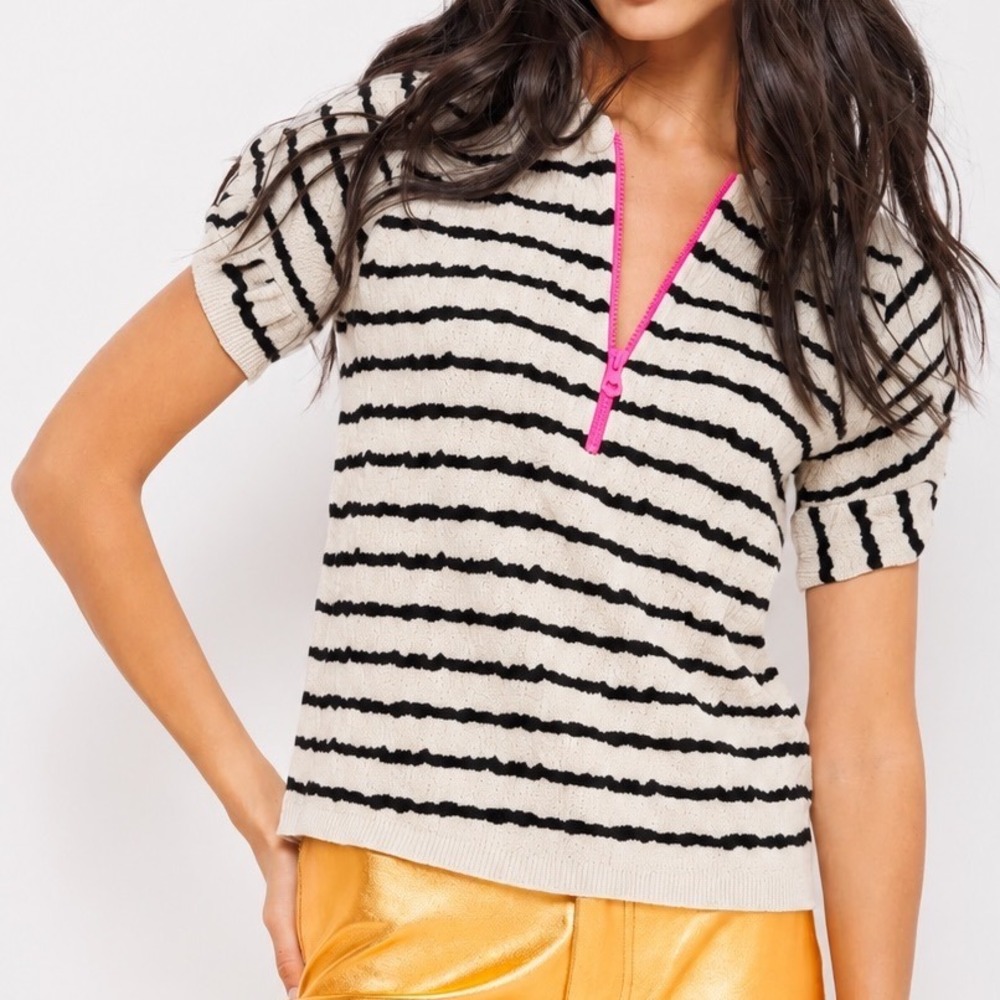 Lisa Todd Get In Line Striped Short Sleeve Accent Zip Textured Beige Black M